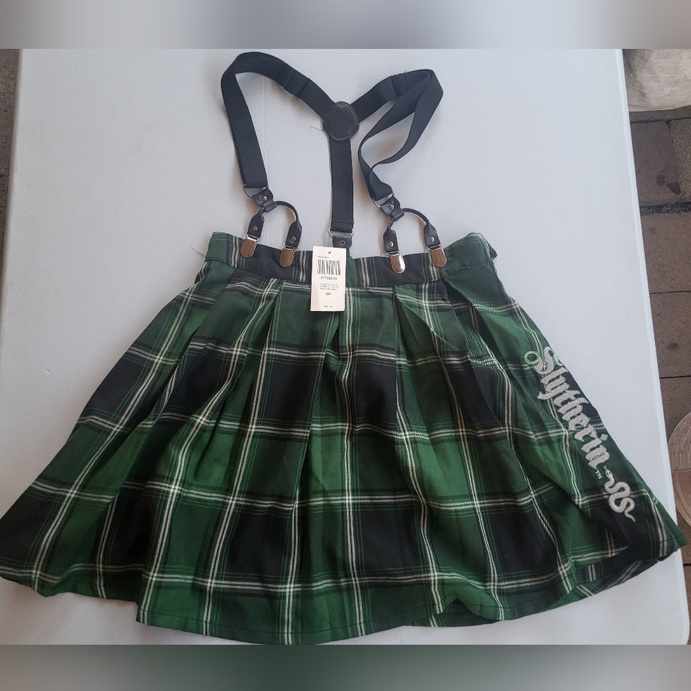Hot Topic Black and Green Plaid Skater Skirt with Suspenders